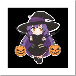 Witchcraft Chibi anime Character Design with Pumpkins Halloween concept Posters and Art